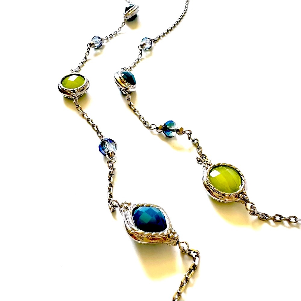 LOFT | Silver-Tone Long Station Necklace with Blue & Green Faceted Beads | NEW - Picture 3 of 8